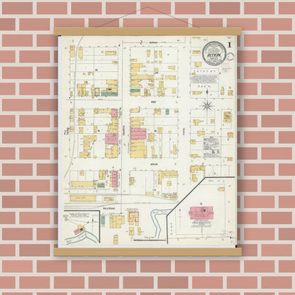 Old map wall art mockup — magnetic wood frame on brick wall — Sanborn Fire Insurance Map from Aitkin, Aitkin County, Minnesota (1902), Sheet #0001