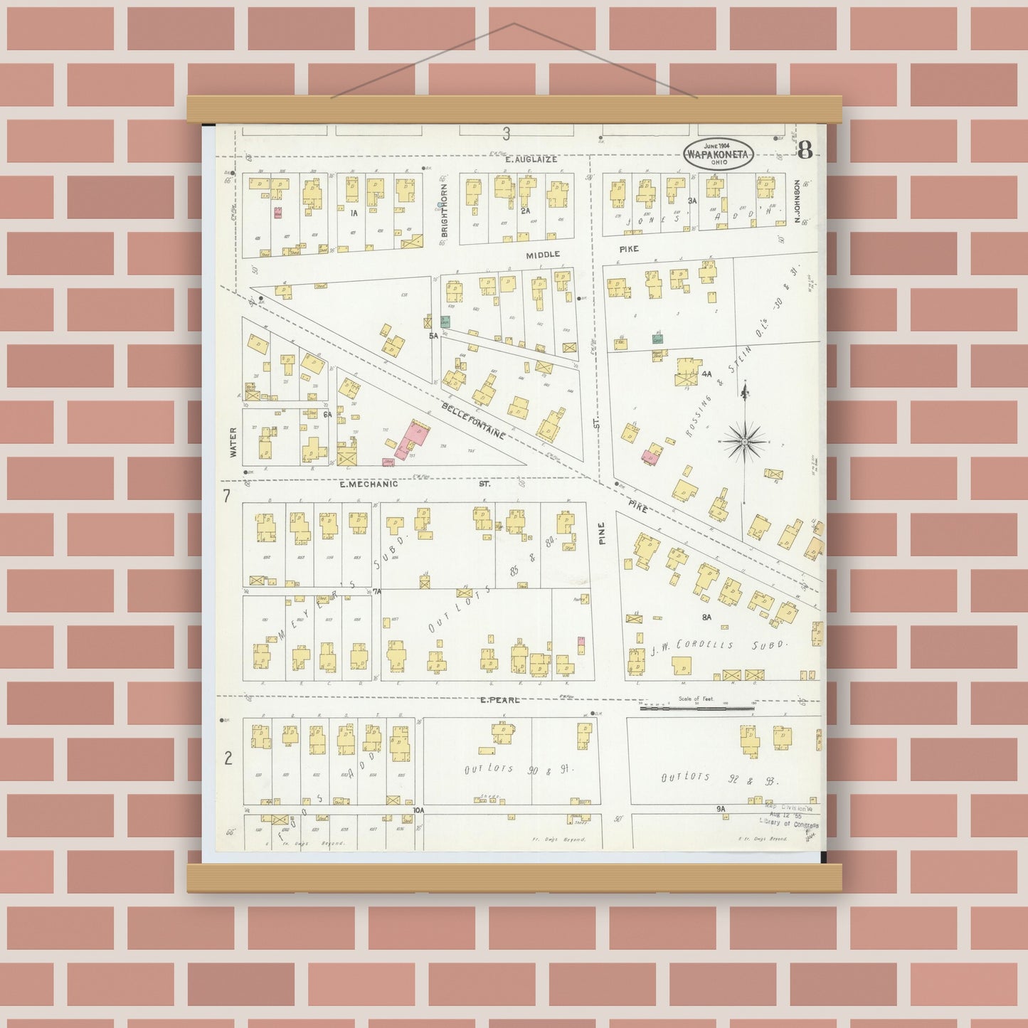 Old map wall art mockup — magnetic wood frame on brick wall — Sanborn Fire Insurance Map from Wapakoneta, Auglaize County, Ohio (1904), Sheet #0008