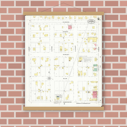 Old map wall art mockup — magnetic wood frame on brick wall — Sanborn Fire Insurance Map from Sigourney, Kiokuk County, Iowa (1899), Sheet #0002