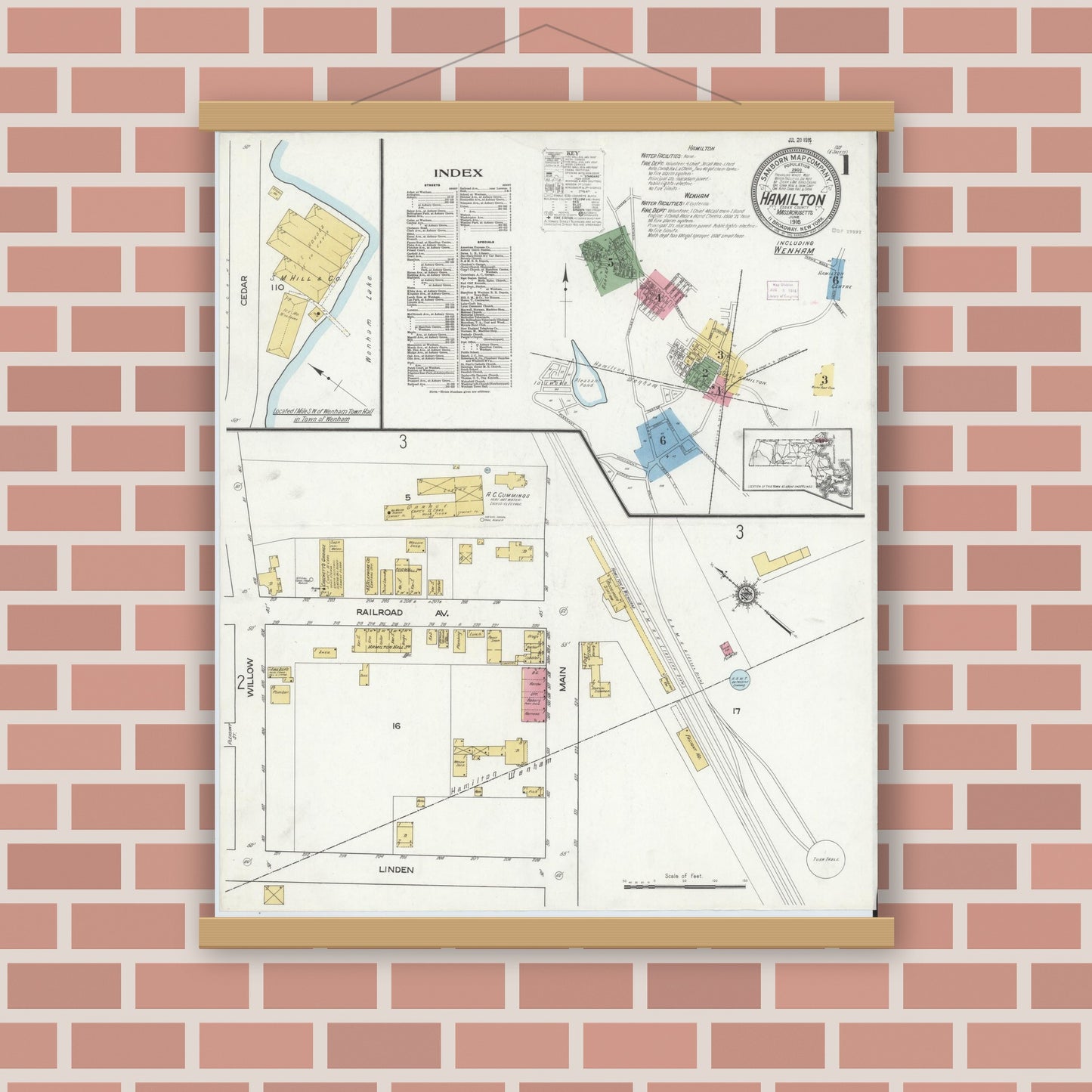 Old map wall art mockup — magnetic wood frame on brick wall — Sanborn Fire Insurance Map from Hamilton, Essex County, Massachusetts (1916), Sheet #0001