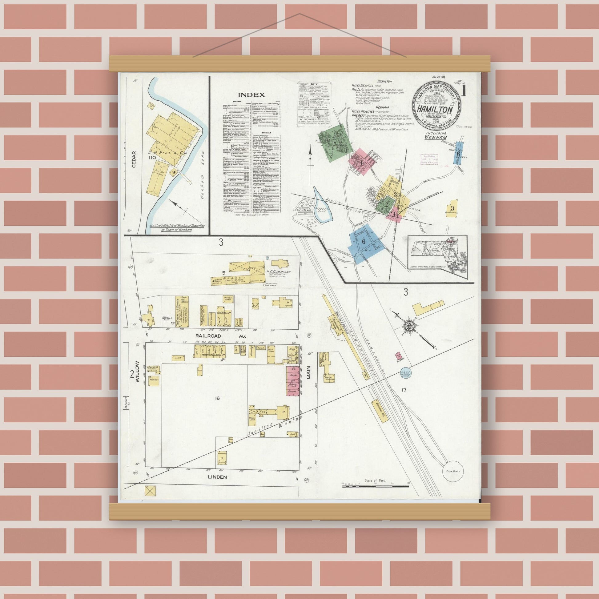 Old map wall art mockup — magnetic wood frame on brick wall — Sanborn Fire Insurance Map from Hamilton, Essex County, Massachusetts (1916), Sheet #0001