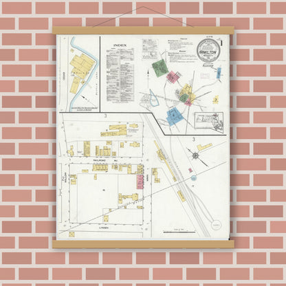 Old map wall art mockup — magnetic wood frame on brick wall — Sanborn Fire Insurance Map from Hamilton, Essex County, Massachusetts (1916), Sheet #0001