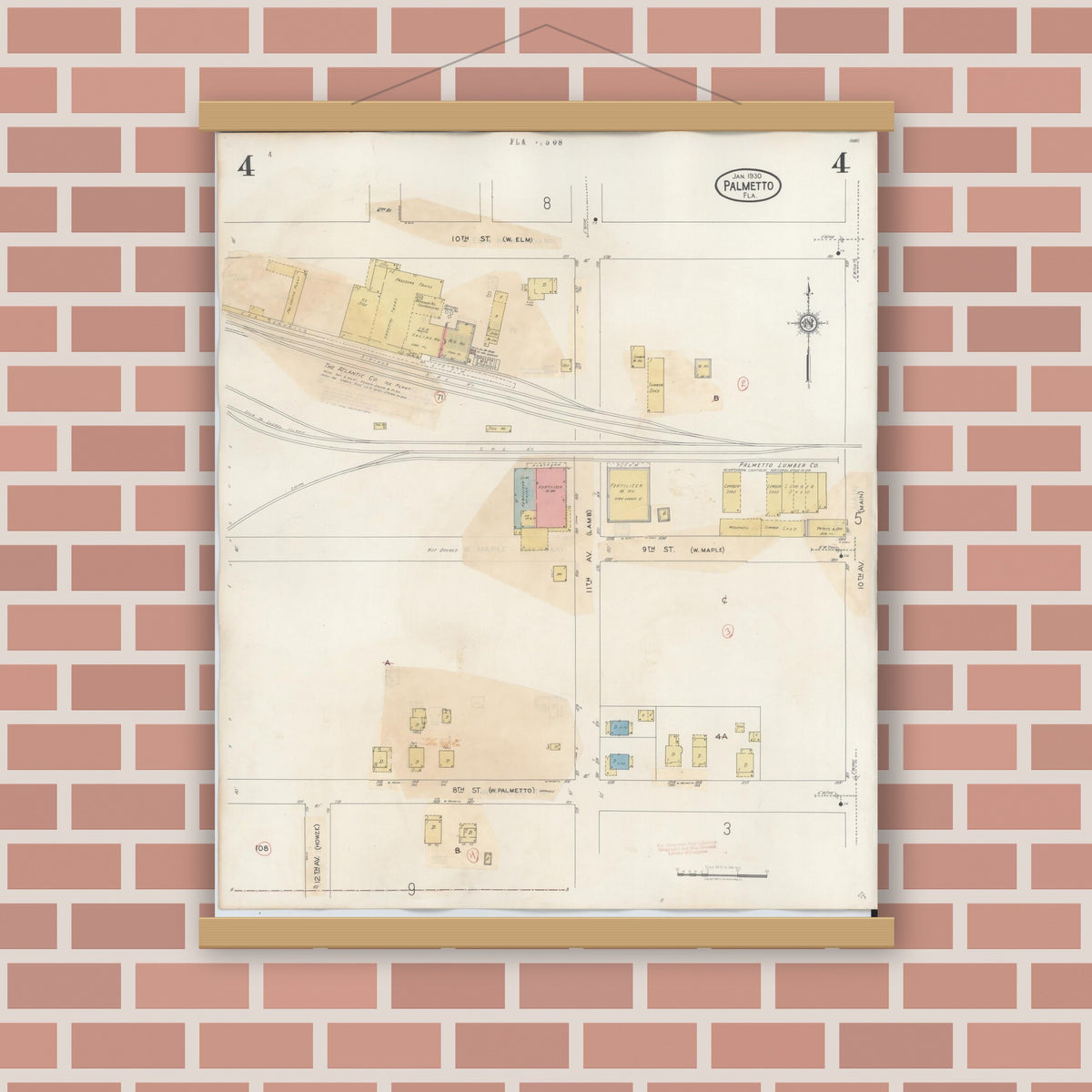 Old map wall art mockup — magnetic wood frame on brick wall — Sanborn Fire Insurance Map from Palmetto, Manatee County, Florida (1944), Sheet #0004