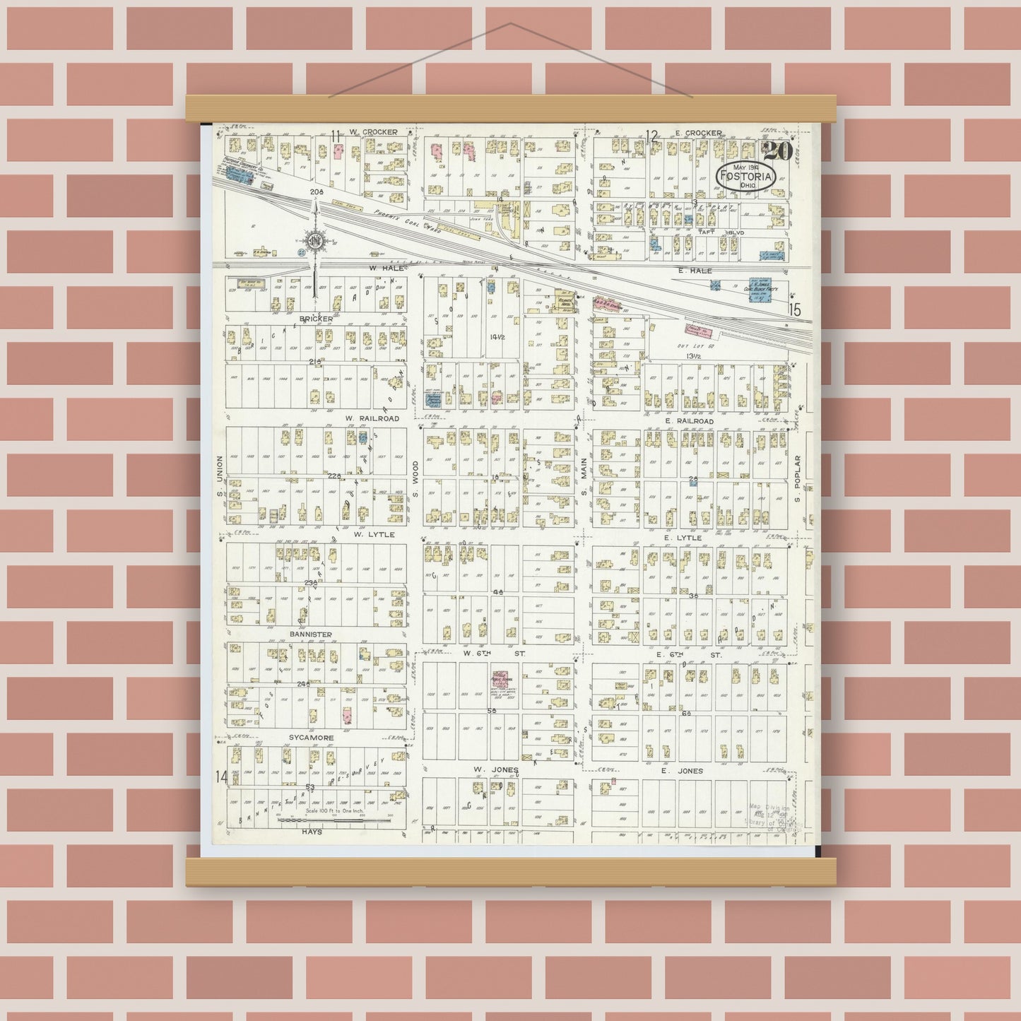 Old map wall art mockup — magnetic wood frame on brick wall — Sanborn Fire Insurance Map from Fostoria, Seneca, Hancock, And Wood Counties, Ohio (1914), Sheet #0020