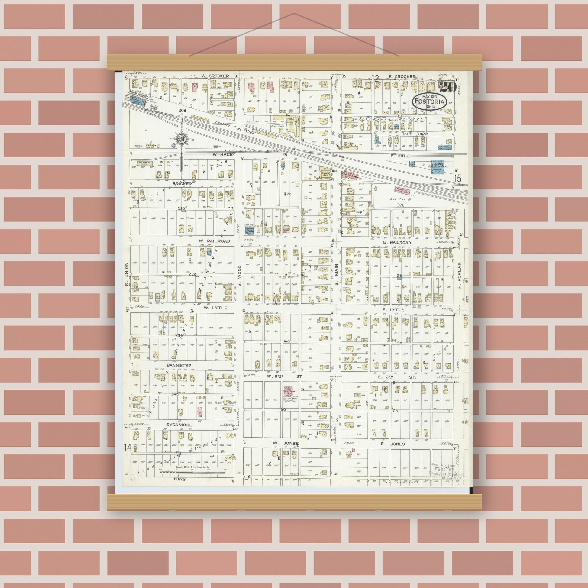 Old map wall art mockup — magnetic wood frame on brick wall — Sanborn Fire Insurance Map from Fostoria, Seneca, Hancock, And Wood Counties, Ohio (1914), Sheet #0020