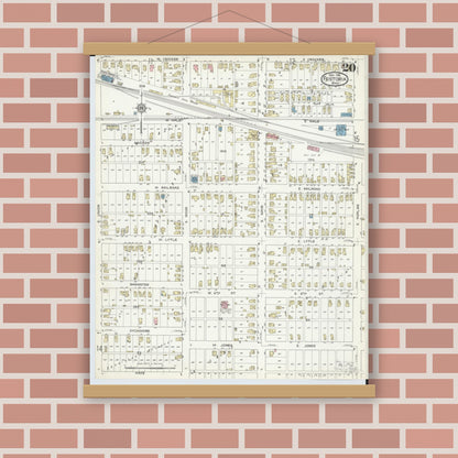 Old map wall art mockup — magnetic wood frame on brick wall — Sanborn Fire Insurance Map from Fostoria, Seneca, Hancock, And Wood Counties, Ohio (1914), Sheet #0020