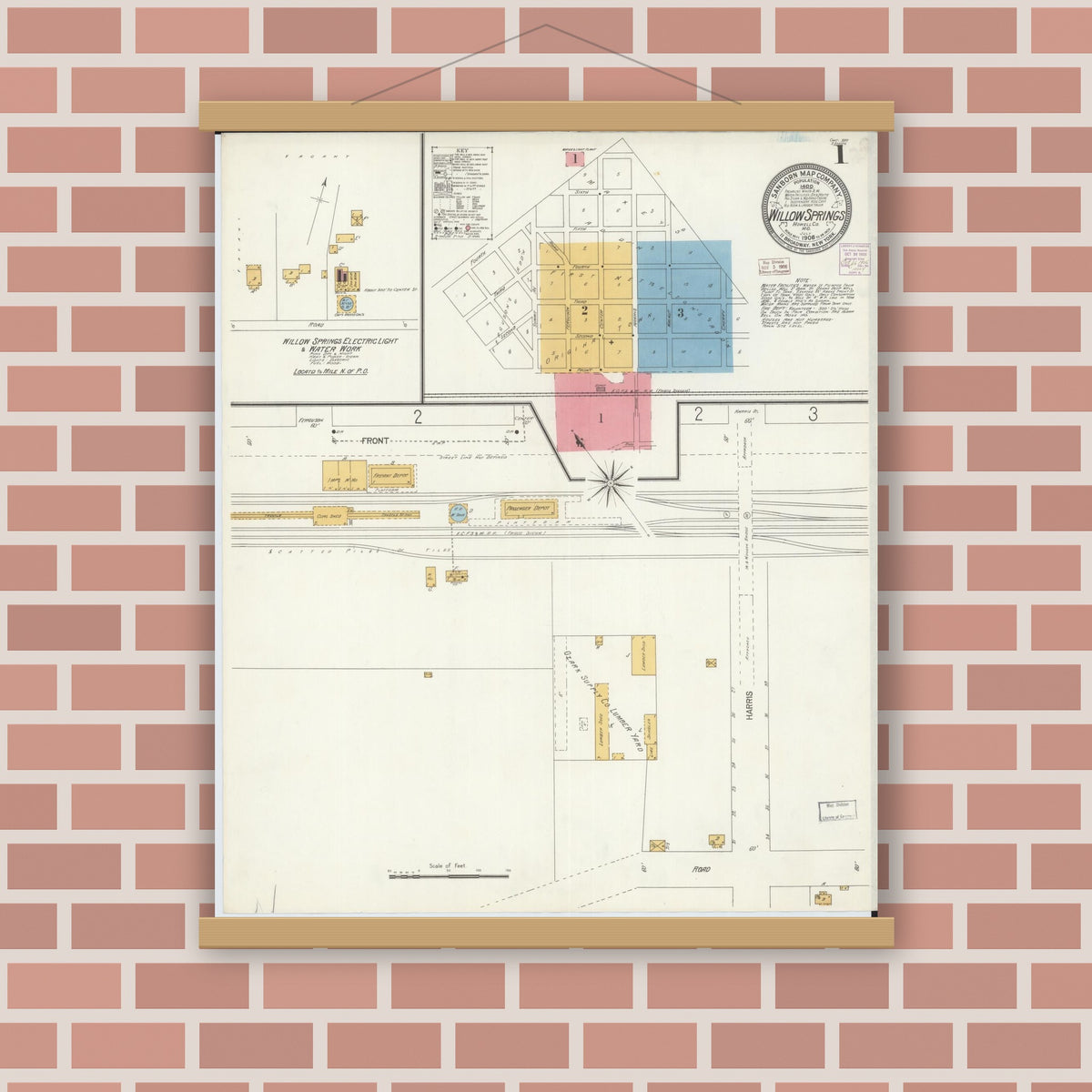 Old map wall art mockup — magnetic wood frame on brick wall — Sanborn Fire Insurance Map from Willow Springs, Howell County, Missouri (1906) - Complete Map Set