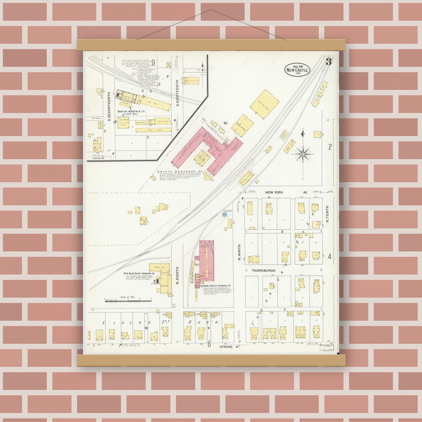Old map wall art mockup — magnetic wood frame on brick wall — Sanborn Fire Insurance Map from New Castle, Henry County, Indiana (1908), Sheet #0003