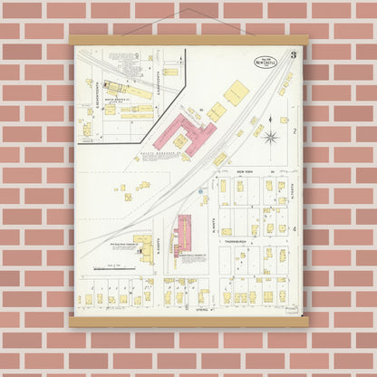 Old map wall art mockup — magnetic wood frame on brick wall — Sanborn Fire Insurance Map from New Castle, Henry County, Indiana (1908), Sheet #0003