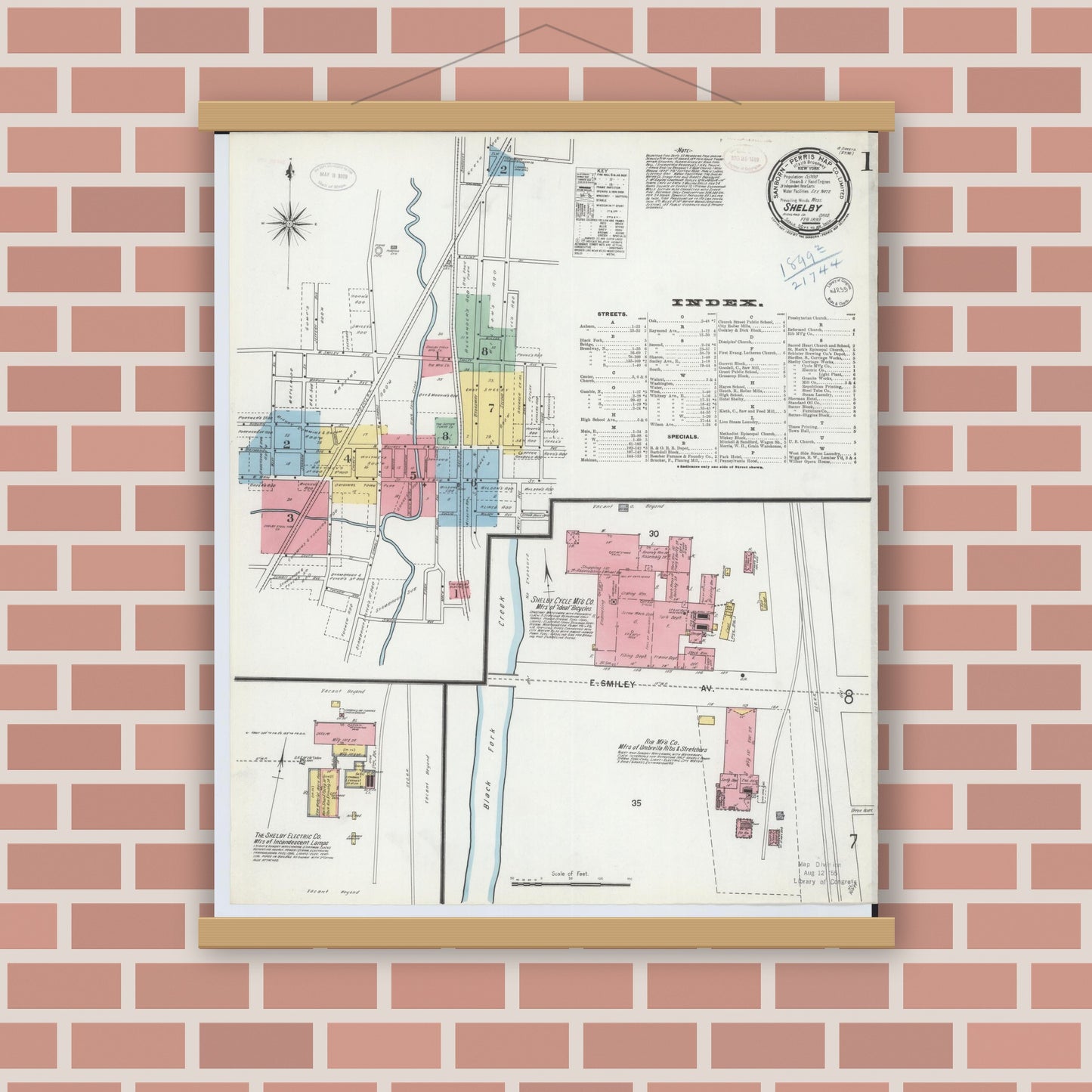 Old map wall art mockup — magnetic wood frame on brick wall — Sanborn Fire Insurance Map from Shelby, Richland County, Ohio (1899), Sheet #0001