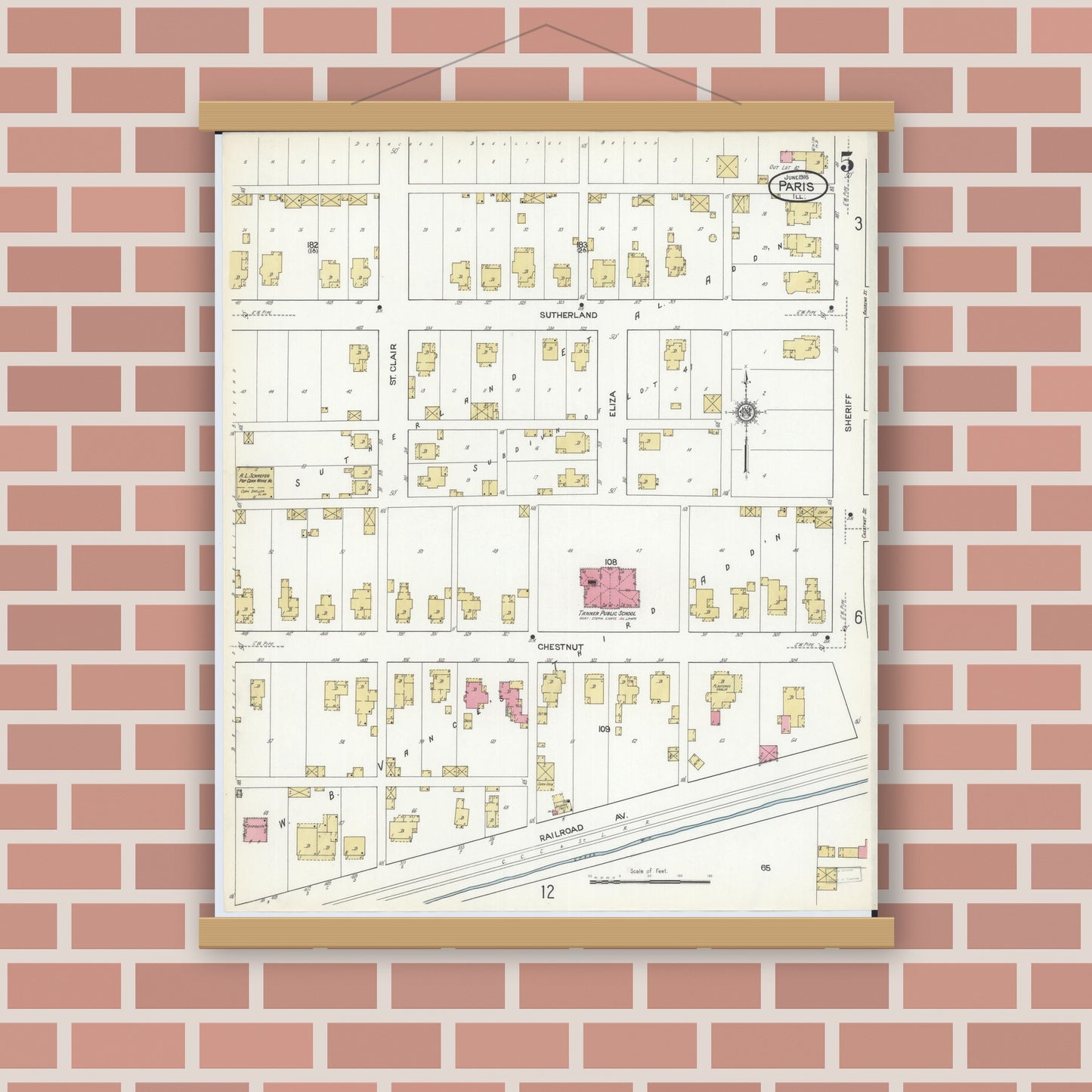 Old map wall art mockup — magnetic wood frame on brick wall — Sanborn Fire Insurance Map from Paris, Edgar County, Illinois (1916), Sheet #0005