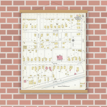 Old map wall art mockup — magnetic wood frame on brick wall — Sanborn Fire Insurance Map from Paris, Edgar County, Illinois (1916), Sheet #0005