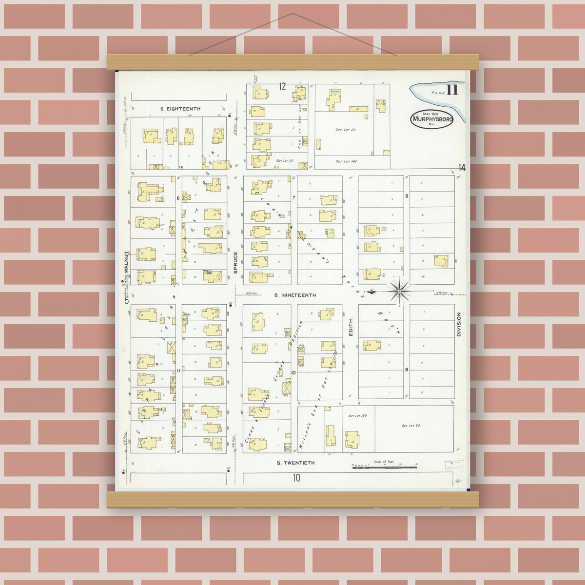 Old map wall art mockup — magnetic wood frame on brick wall — Sanborn Fire Insurance Map from Murphysboro, Jackson County, Illinois (1909), Sheet #0011