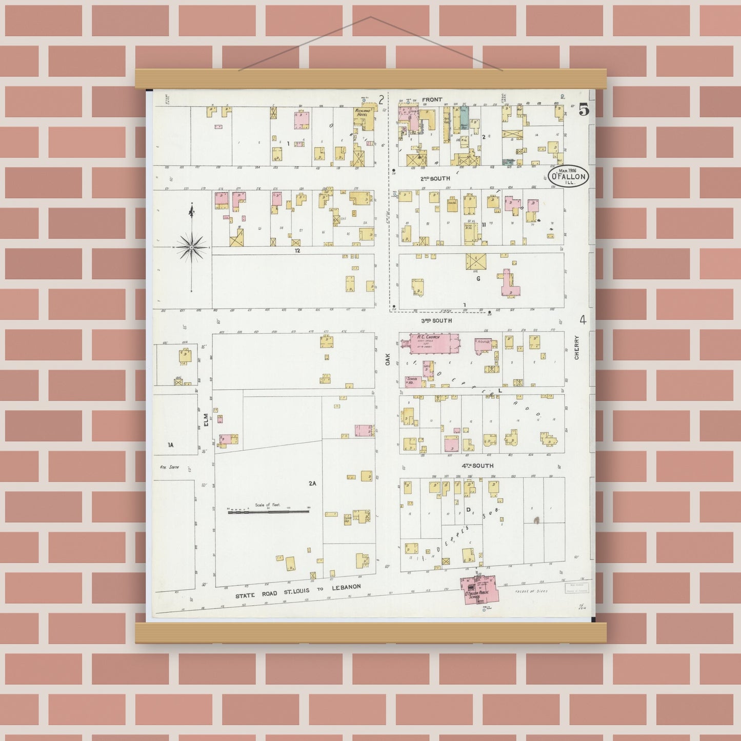 Old map wall art mockup — magnetic wood frame on brick wall — Sanborn Fire Insurance Map from O'Fallon, Saint Clair County, Illinois (1906), Sheet #0005
