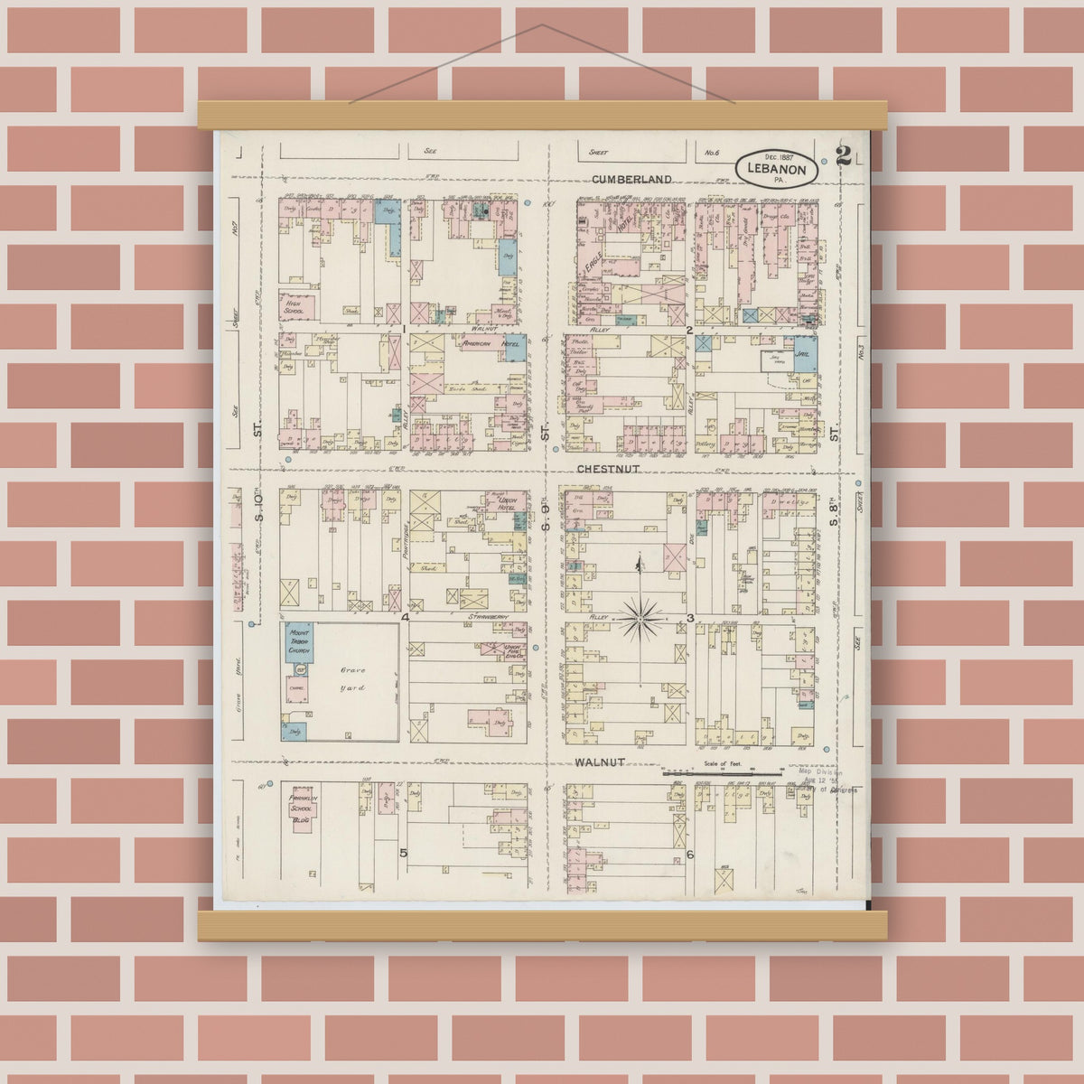 Old map wall art mockup — magnetic wood frame on brick wall — Sanborn Fire Insurance Map from Lebanon, Lebanon County, Pennsylvania (1887), Sheet #0002