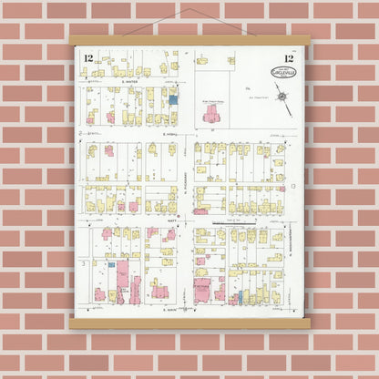 Old map wall art mockup — magnetic wood frame on brick wall — Sanborn Fire Insurance Map from Circleville, Pickaway County, Ohio (1927), Sheet #0012