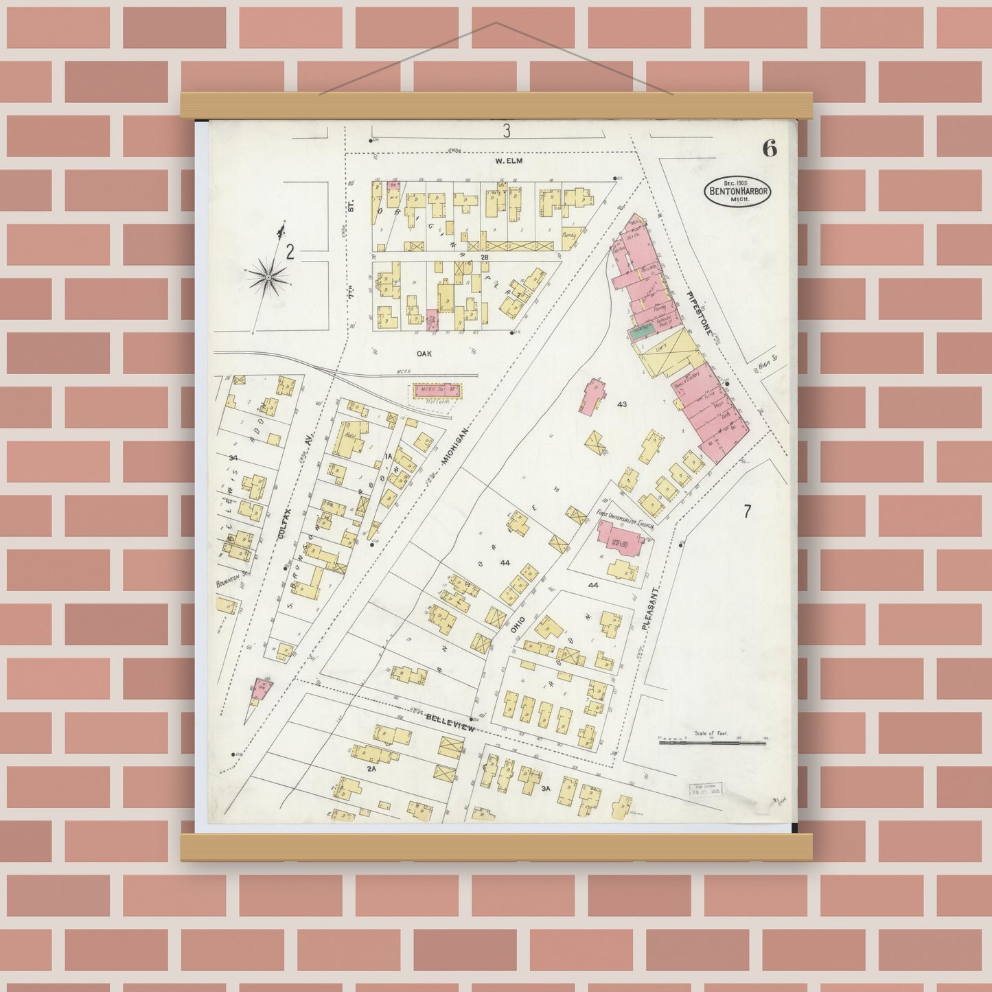 Old map wall art mockup — magnetic wood frame on brick wall — Sanborn Fire Insurance Map from Benton Harbor, Berrien County, Michigan (1905), Sheet #0006