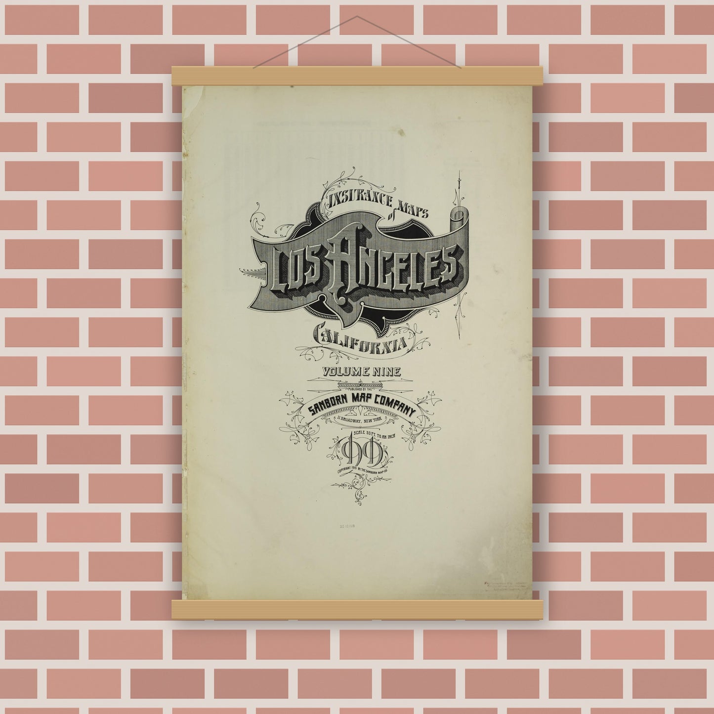 Old map wall art mockup — magnetic wood frame on brick wall — Sanborn Fire Insurance Map from Los Angeles, Los Angeles County, California (1919), Sheet #0001