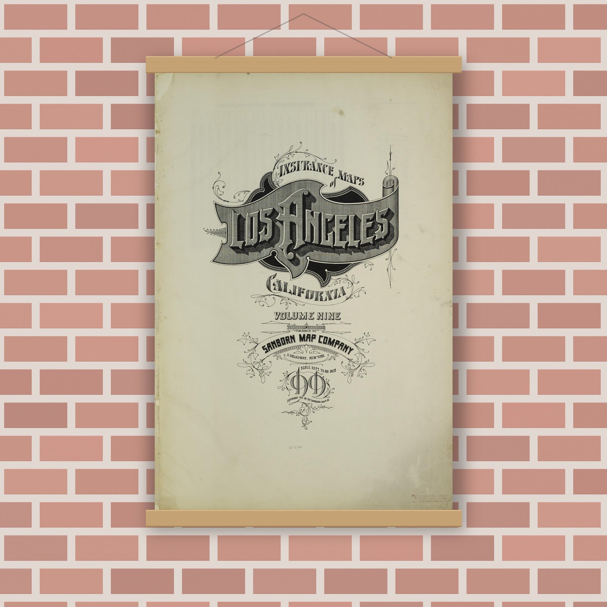 Old map wall art mockup — magnetic wood frame on brick wall — Sanborn Fire Insurance Map from Los Angeles, Los Angeles County, California (1919), Sheet #0001