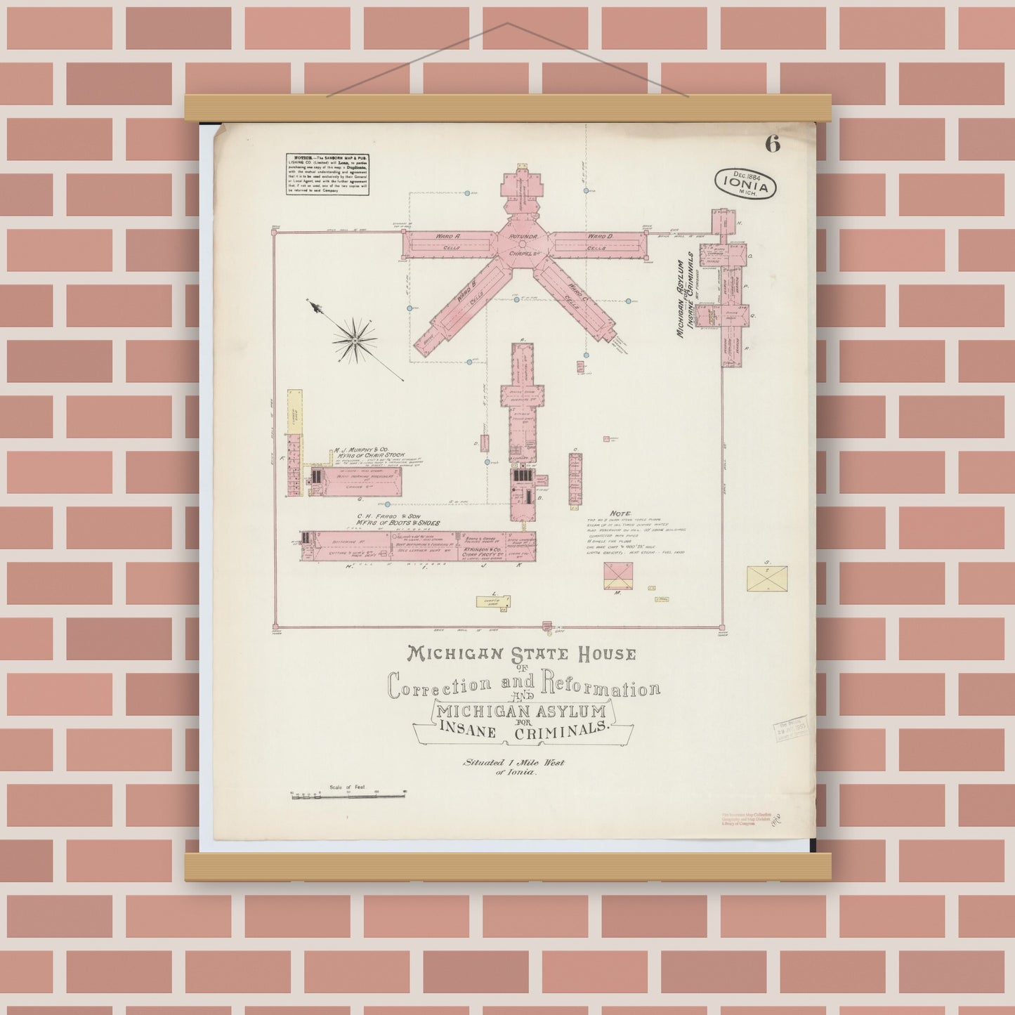 Old map wall art mockup — magnetic wood frame on brick wall — Sanborn Fire Insurance Map from Ionia, Ionia County, Michigan (1884), Sheet #0006