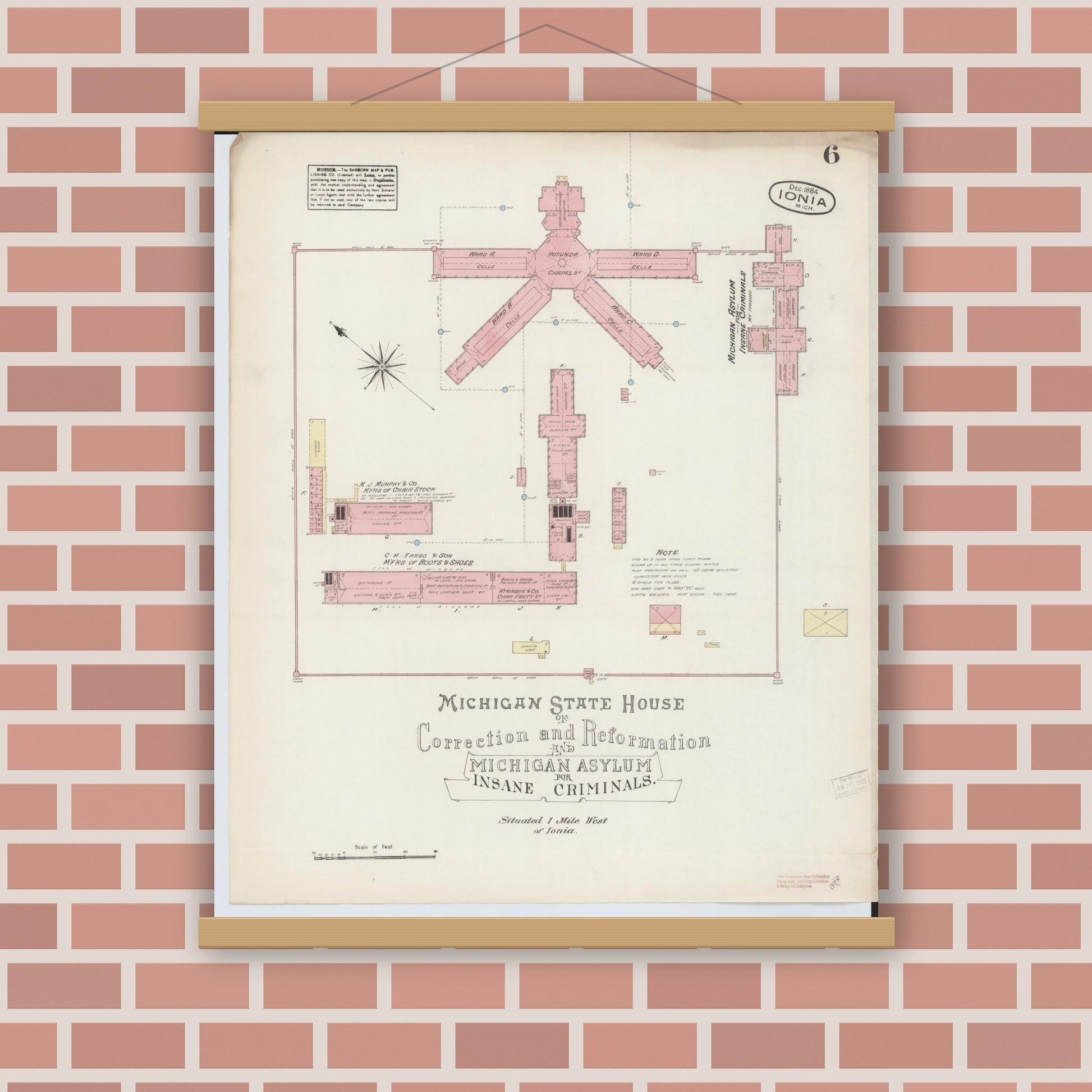 Old map wall art mockup — magnetic wood frame on brick wall — Sanborn Fire Insurance Map from Ionia, Ionia County, Michigan (1884), Sheet #0006
