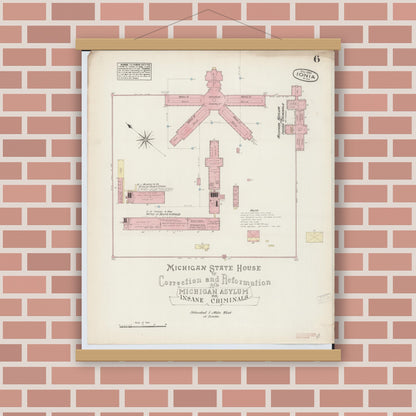 Old map wall art mockup — magnetic wood frame on brick wall — Sanborn Fire Insurance Map from Ionia, Ionia County, Michigan (1884), Sheet #0006