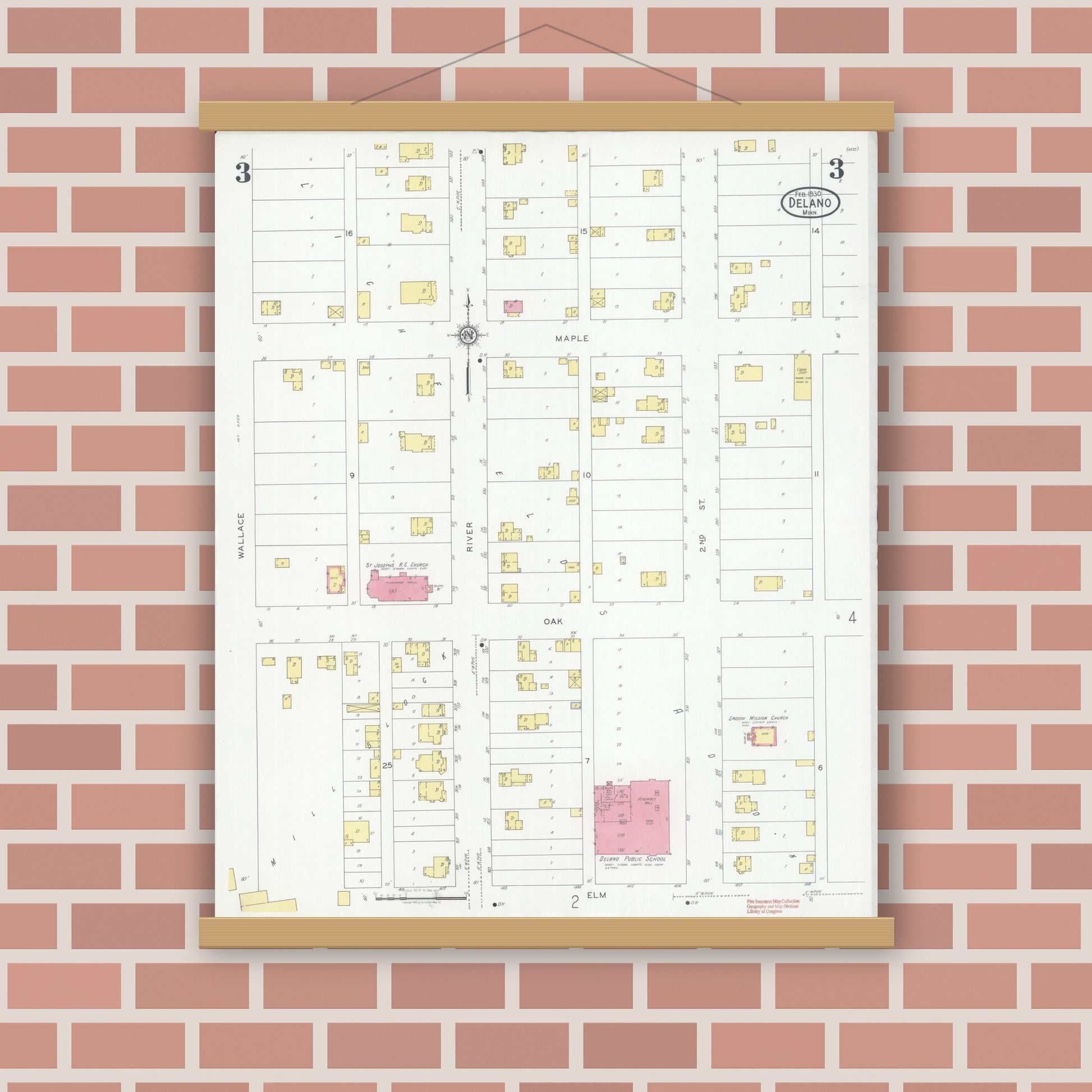 Old map wall art mockup — magnetic wood frame on brick wall — Sanborn Fire Insurance Map from Delano, Wright County, Minnesota (1930), Sheet #0003