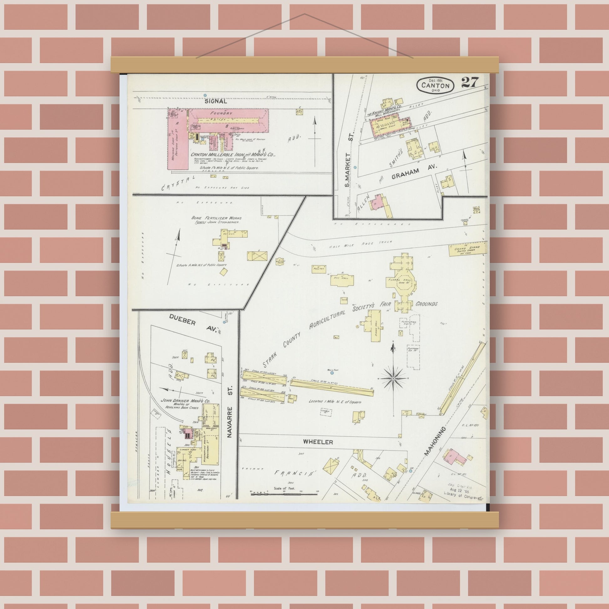 Old map wall art mockup — magnetic wood frame on brick wall — Sanborn Fire Insurance Map from Canton, Stark County, Ohio (1891), Sheet #0027