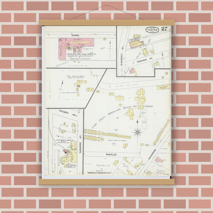 Old map wall art mockup — magnetic wood frame on brick wall — Sanborn Fire Insurance Map from Canton, Stark County, Ohio (1891), Sheet #0027