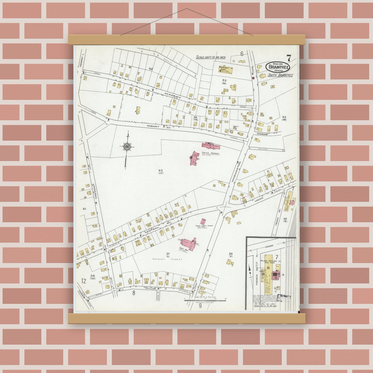 Old map wall art mockup — magnetic wood frame on brick wall — Sanborn Fire Insurance Map from Braintree, Norfolk County, Massachusetts (1919), Sheet #0007