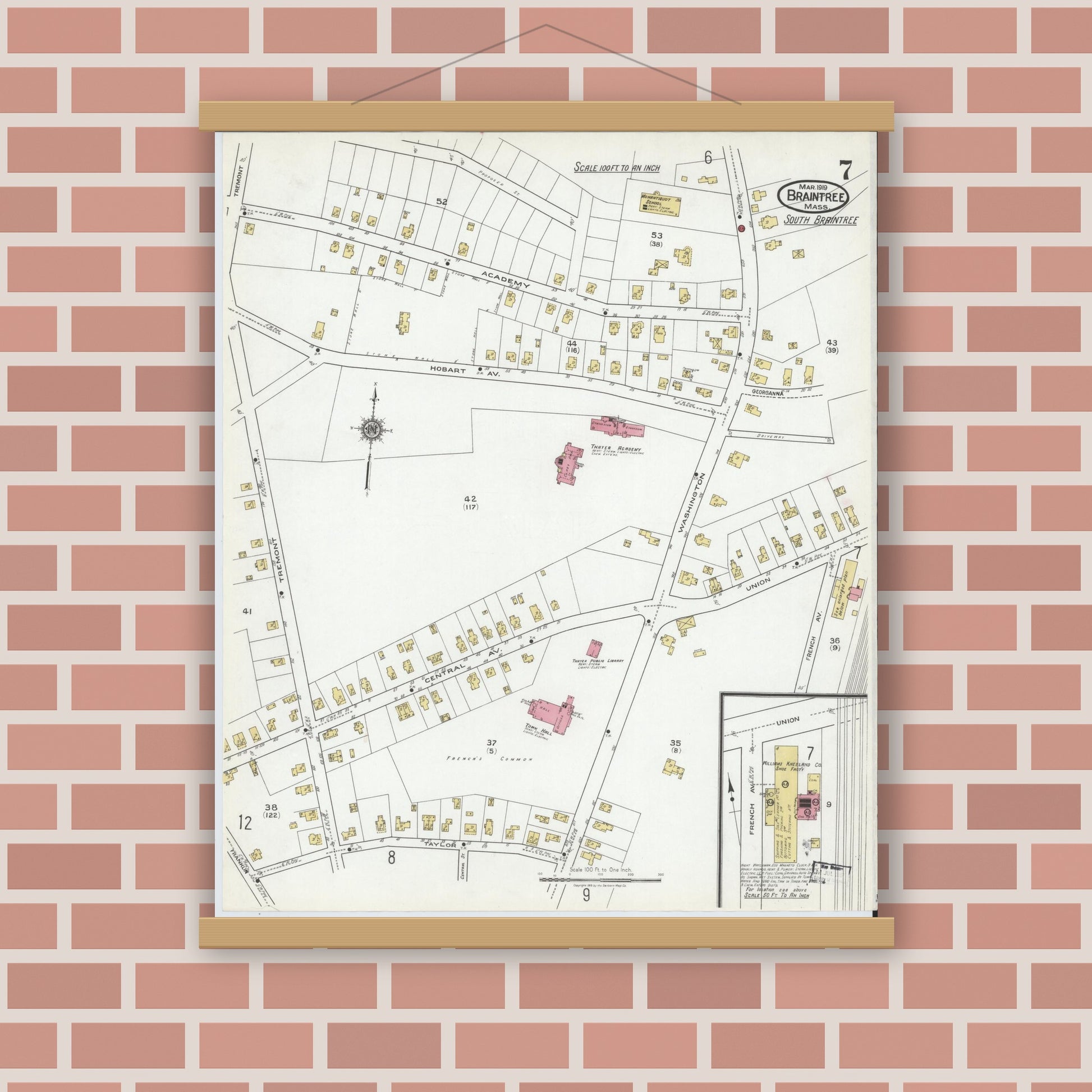 Old map wall art mockup — magnetic wood frame on brick wall — Sanborn Fire Insurance Map from Braintree, Norfolk County, Massachusetts (1919), Sheet #0007