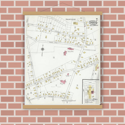 Old map wall art mockup — magnetic wood frame on brick wall — Sanborn Fire Insurance Map from Braintree, Norfolk County, Massachusetts (1919), Sheet #0007