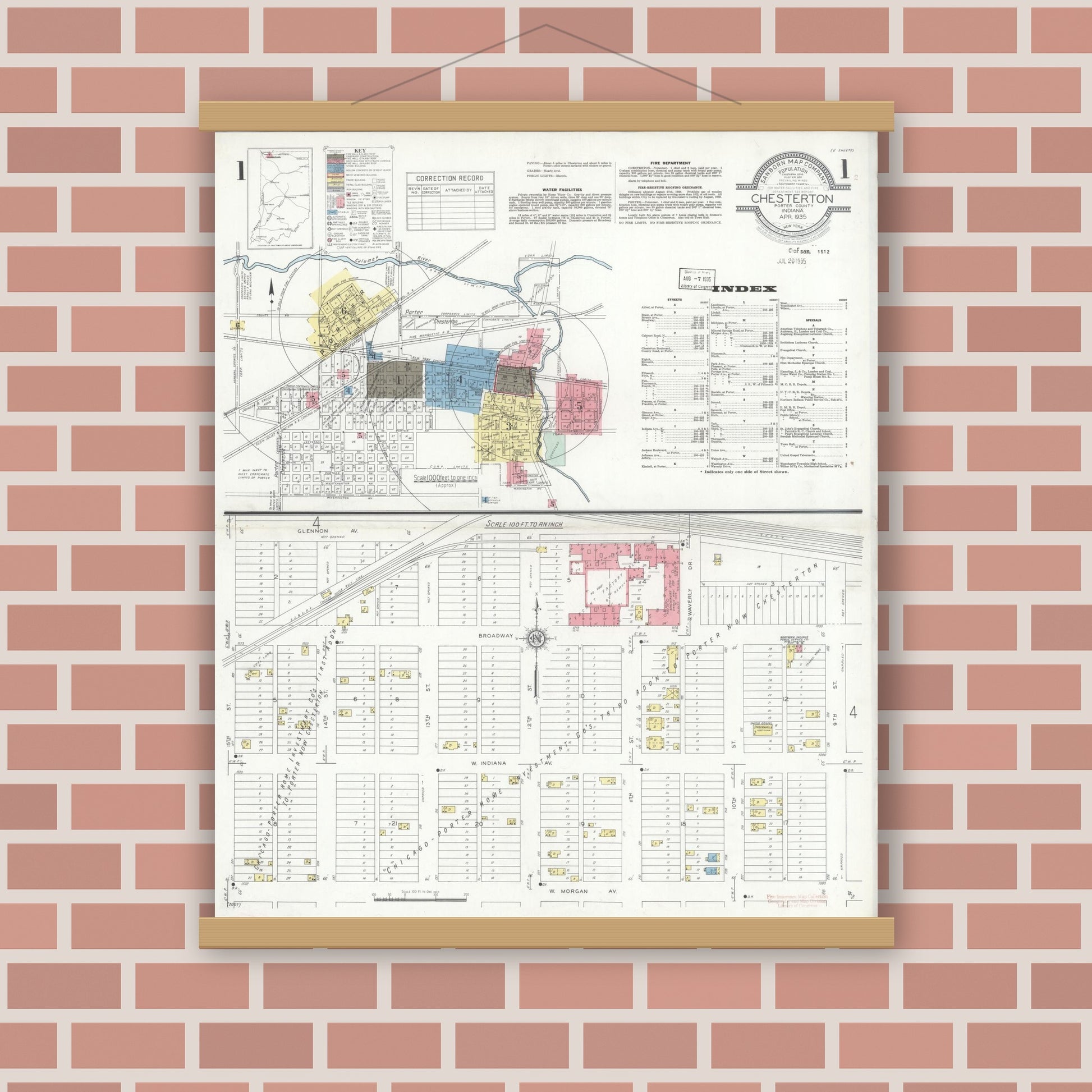 Old map wall art mockup — magnetic wood frame on brick wall — Sanborn Fire Insurance Map from Chesterton, Porter County, Indiana (1935) - Complete Map Set