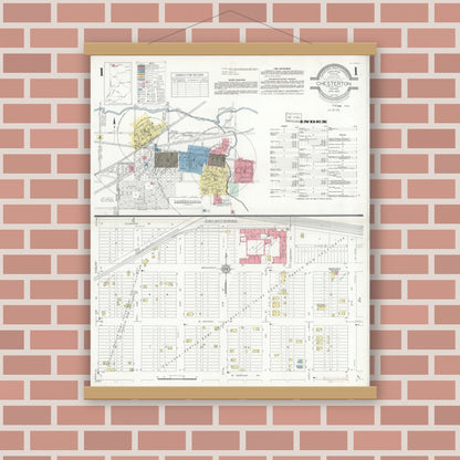 Old map wall art mockup — magnetic wood frame on brick wall — Sanborn Fire Insurance Map from Chesterton, Porter County, Indiana (1935) - Complete Map Set