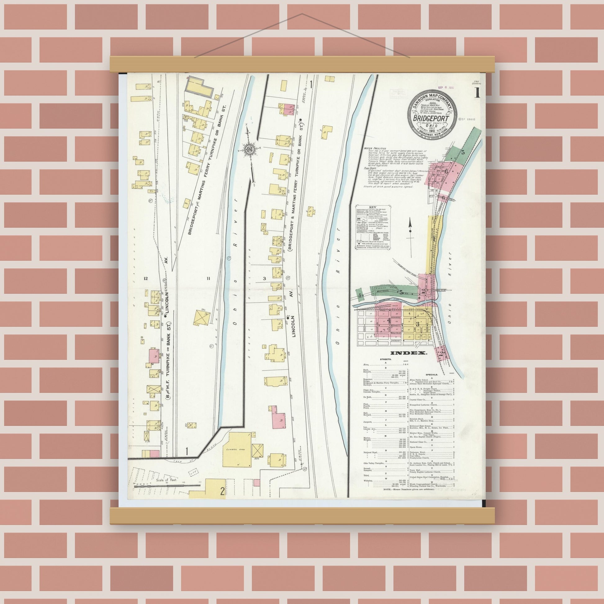 Old map wall art mockup — magnetic wood frame on brick wall — Sanborn Fire Insurance Map from Bridgeport, Belmont County, Ohio (1910) - Complete Map Set