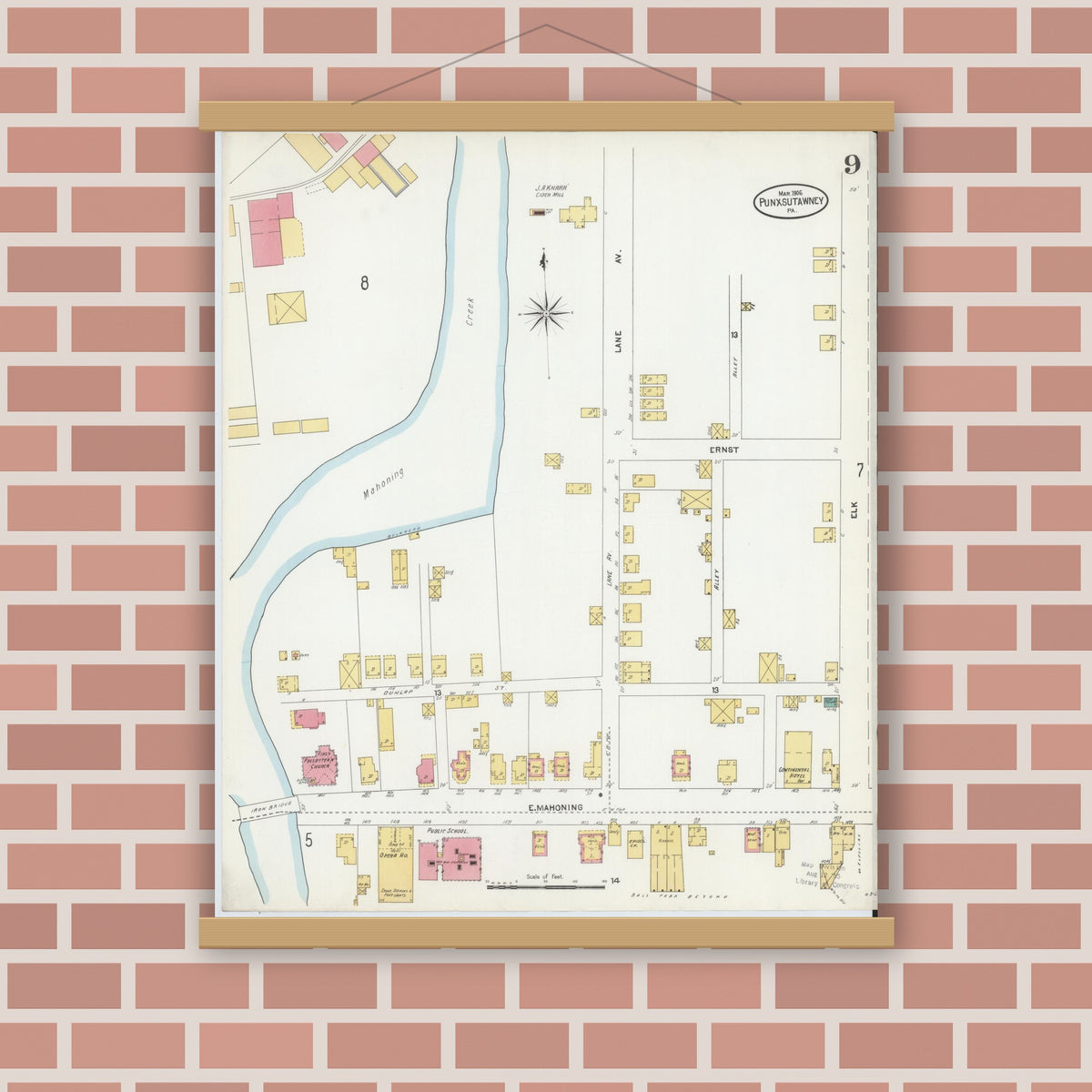 Old map wall art mockup — magnetic wood frame on brick wall — Sanborn Fire Insurance Map from Punxsutawney, Jefferson County, Pennsylvania (1906), Sheet #0009