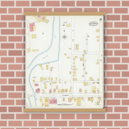 Old map wall art mockup — magnetic wood frame on brick wall — Sanborn Fire Insurance Map from Punxsutawney, Jefferson County, Pennsylvania (1906), Sheet #0009