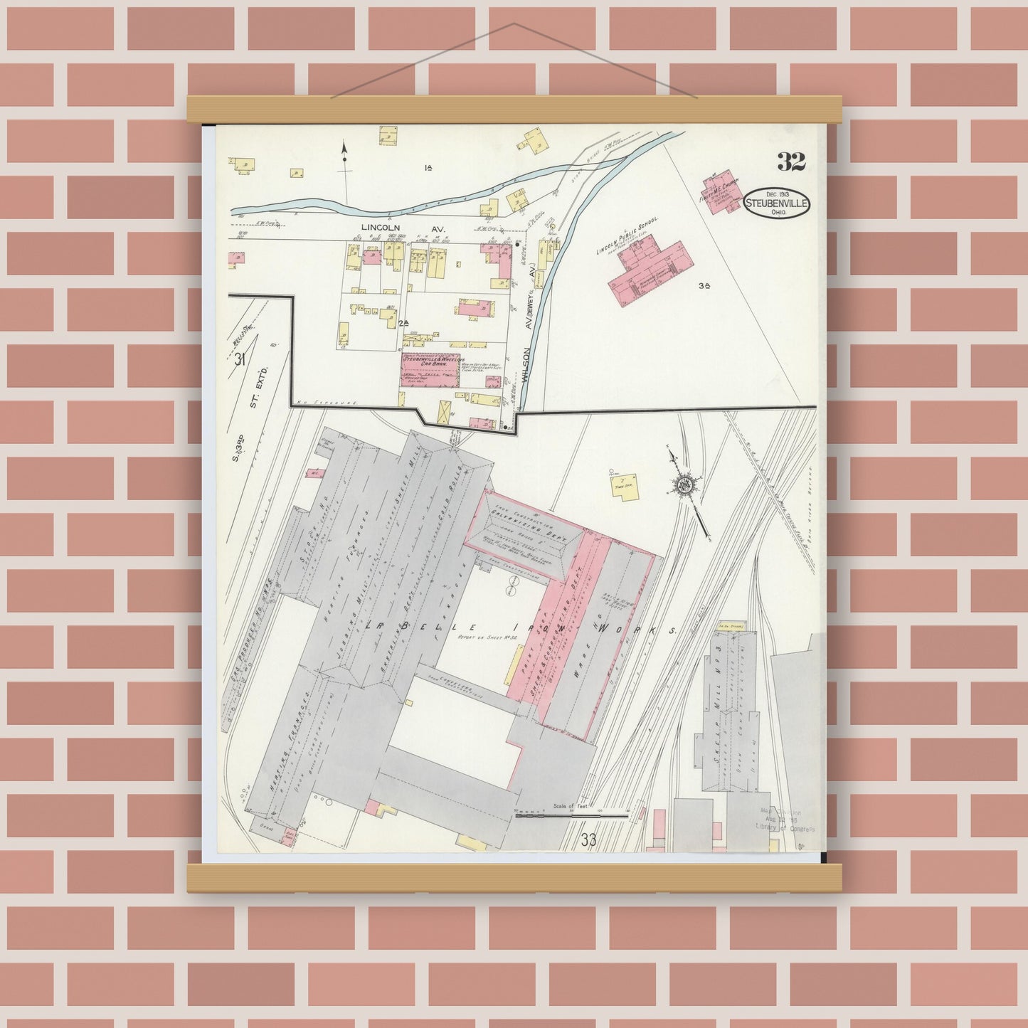 Old map wall art mockup — magnetic wood frame on brick wall — Sanborn Fire Insurance Map from Steubenville, Jefferson County, Ohio (1913), Sheet #0032