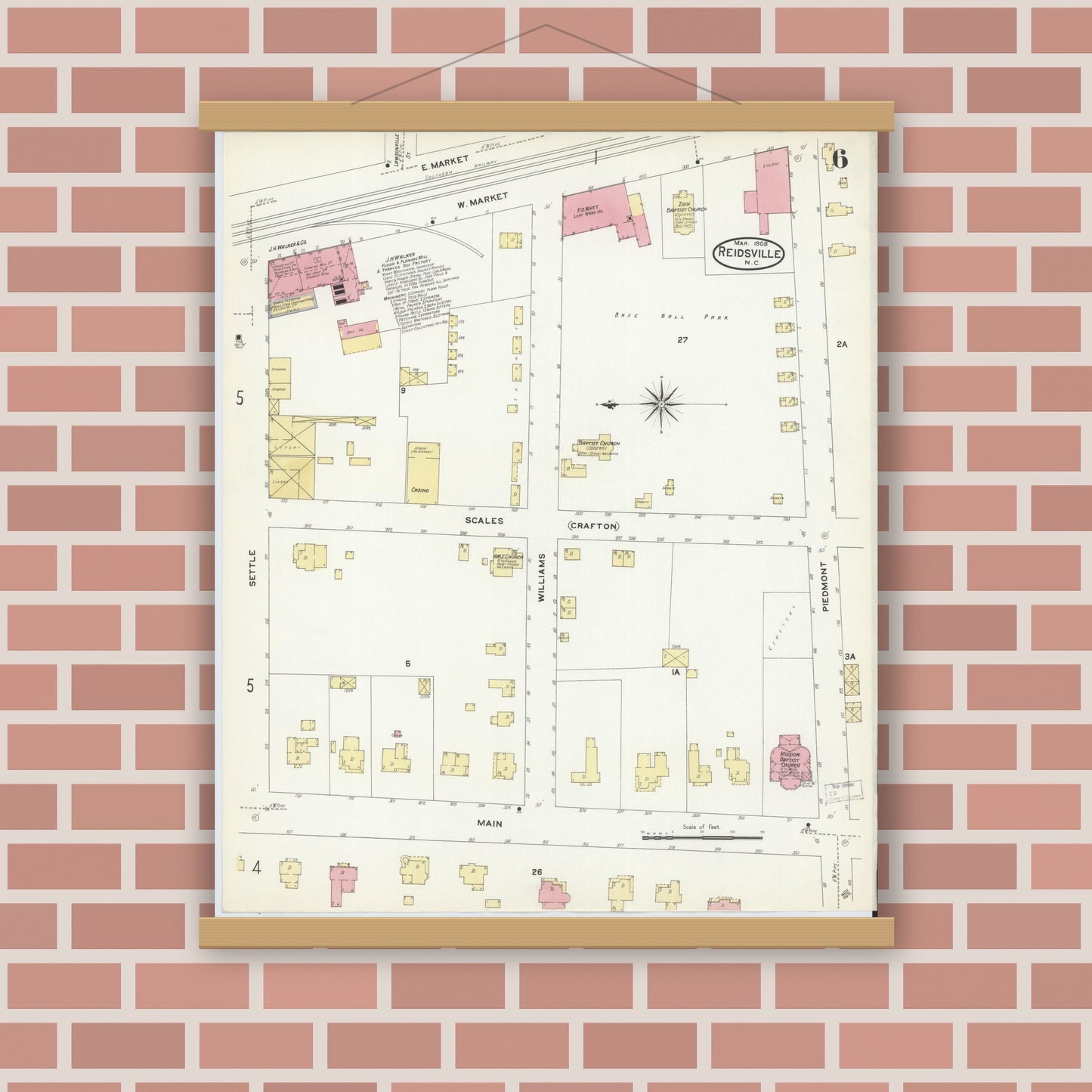 Old map wall art mockup — magnetic wood frame on brick wall — Sanborn Fire Insurance Map from Reidsville, Rockingham County, North Carolina (1908), Sheet #0006