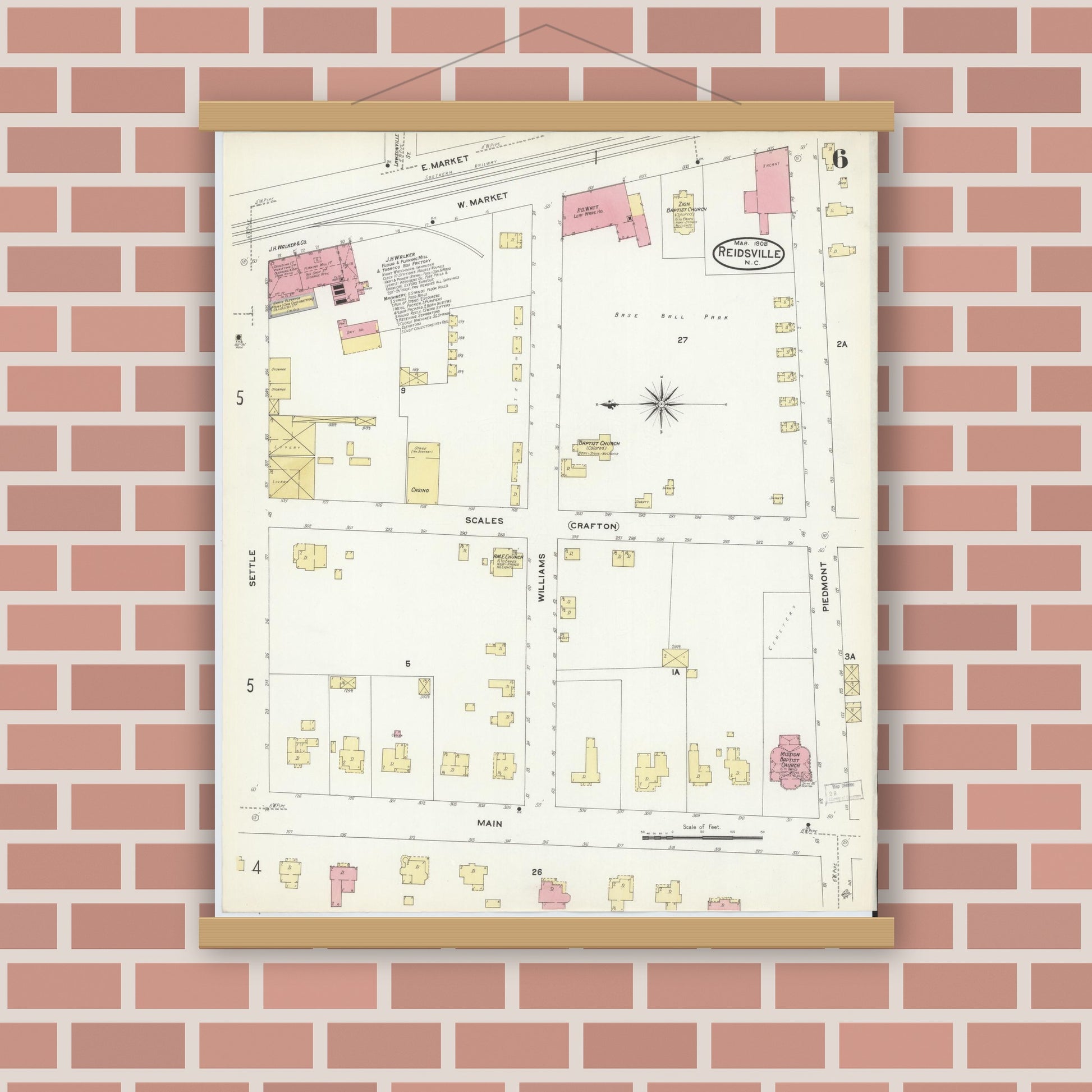 Old map wall art mockup — magnetic wood frame on brick wall — Sanborn Fire Insurance Map from Reidsville, Rockingham County, North Carolina (1908), Sheet #0006