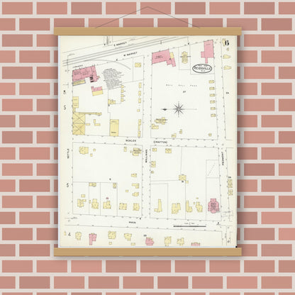 Old map wall art mockup — magnetic wood frame on brick wall — Sanborn Fire Insurance Map from Reidsville, Rockingham County, North Carolina (1908), Sheet #0006