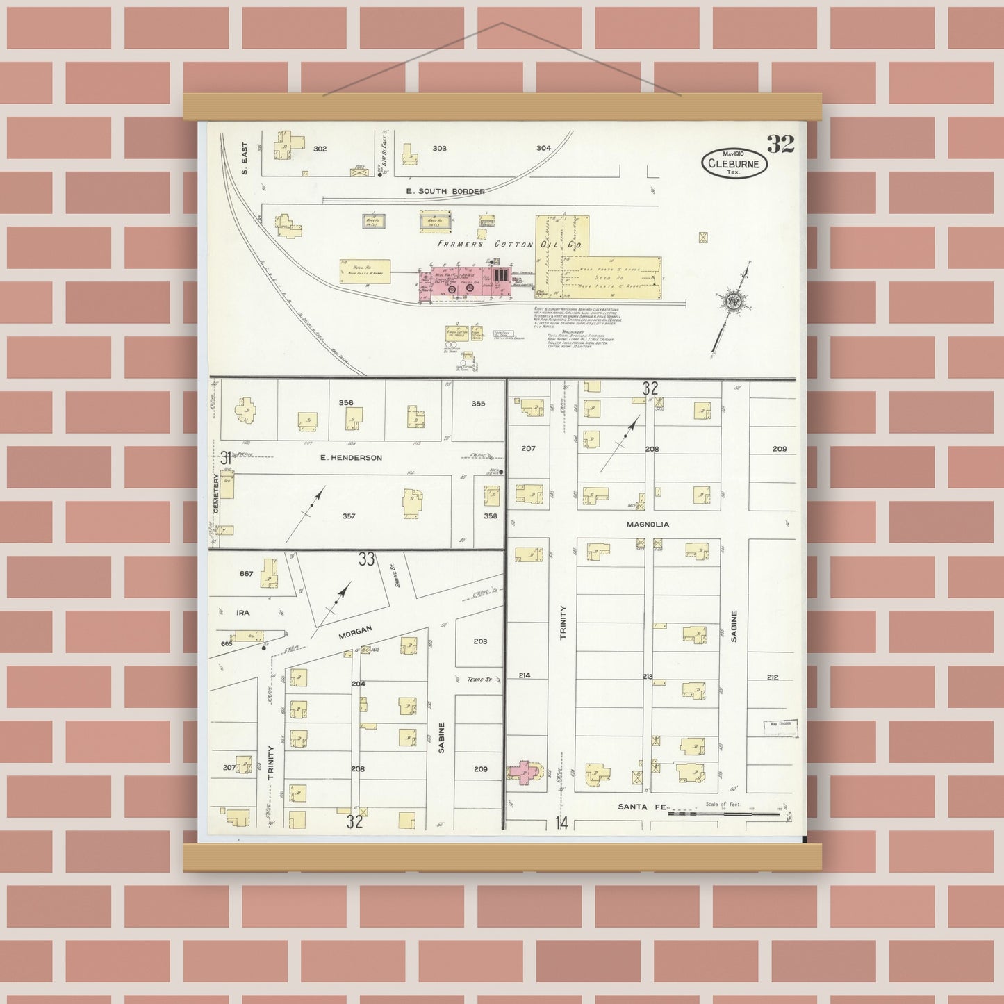 Old map wall art mockup — magnetic wood frame on brick wall — Sanborn Fire Insurance Map from Cleburne, Johnson County, Texas (1910), Sheet #0032