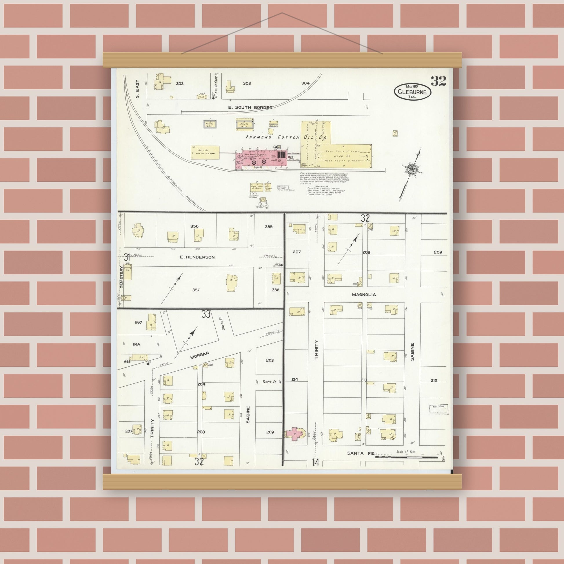 Old map wall art mockup — magnetic wood frame on brick wall — Sanborn Fire Insurance Map from Cleburne, Johnson County, Texas (1910), Sheet #0032