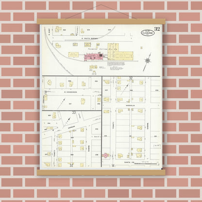 Old map wall art mockup — magnetic wood frame on brick wall — Sanborn Fire Insurance Map from Cleburne, Johnson County, Texas (1910), Sheet #0032