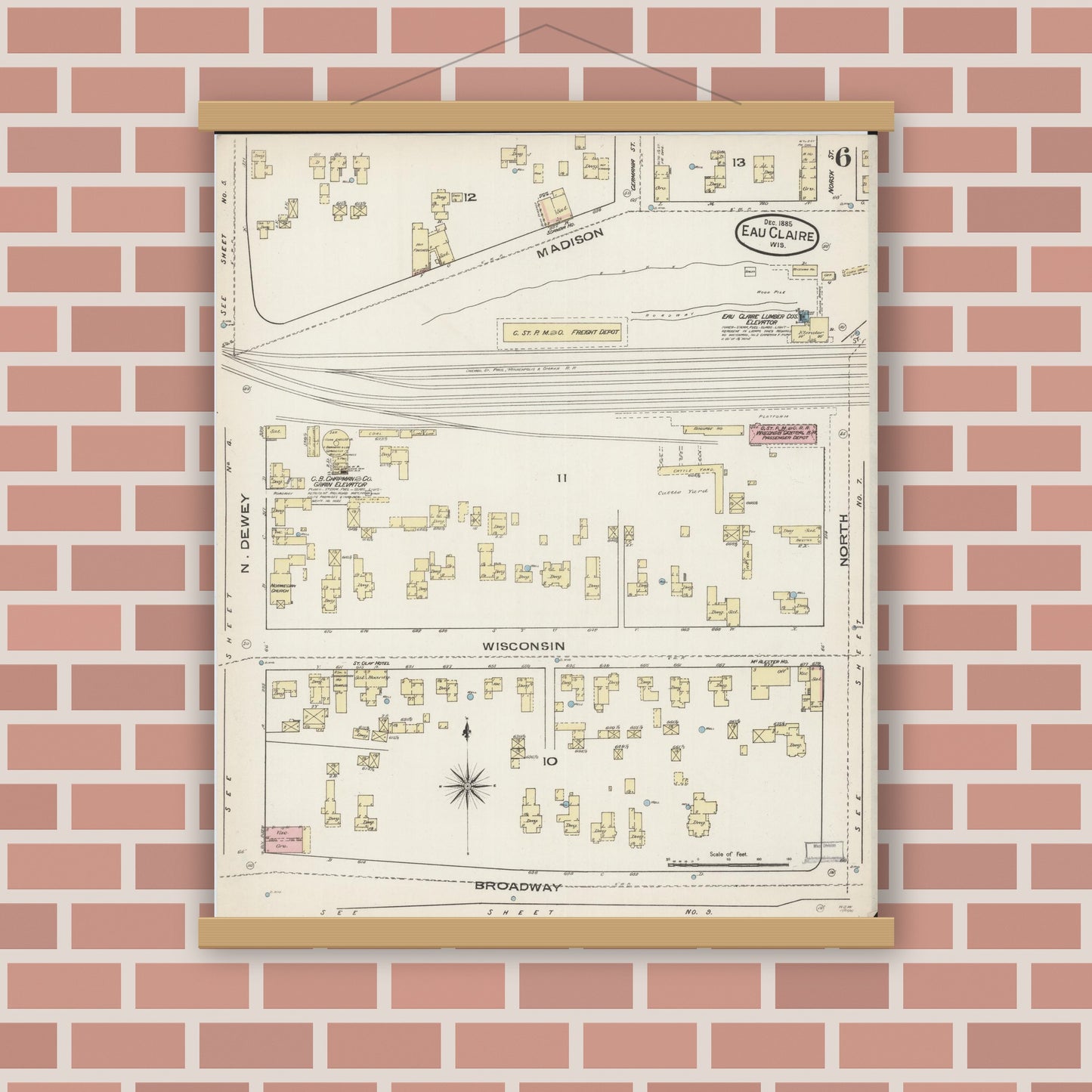 Old map wall art mockup — magnetic wood frame on brick wall — Sanborn Fire Insurance Map from Eau Claire, Eau Claire County, Wisconsin (1885), Sheet #0006