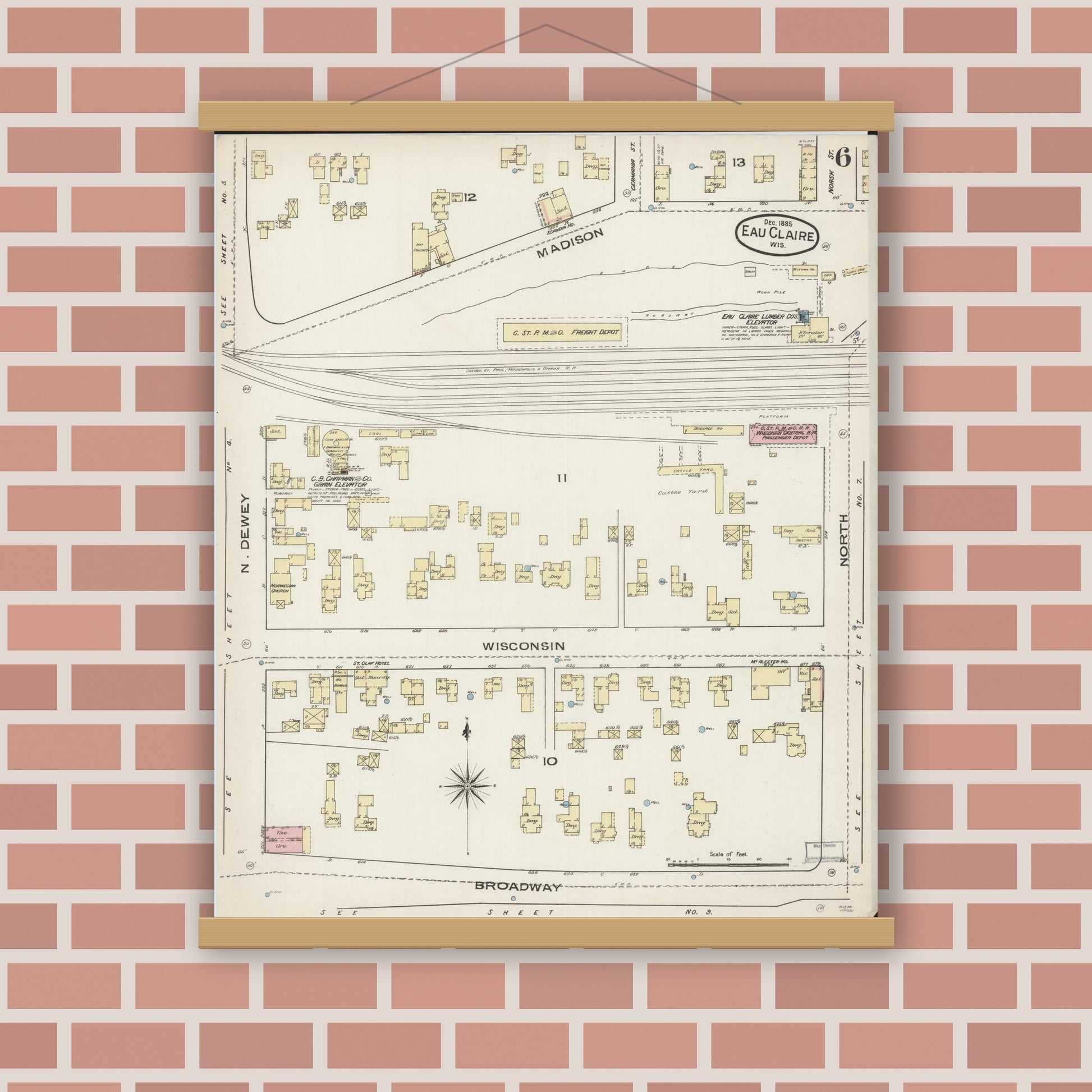 Old map wall art mockup — magnetic wood frame on brick wall — Sanborn Fire Insurance Map from Eau Claire, Eau Claire County, Wisconsin (1885), Sheet #0006