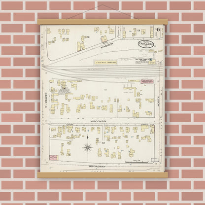 Old map wall art mockup — magnetic wood frame on brick wall — Sanborn Fire Insurance Map from Eau Claire, Eau Claire County, Wisconsin (1885), Sheet #0006
