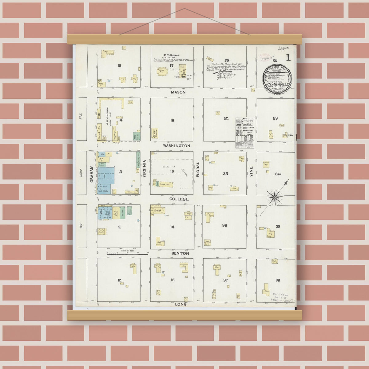 Old map wall art mockup — magnetic wood frame on brick wall — Sanborn Fire Insurance Map from Stephenville, Erath County, Texas (1891), Sheet #0001