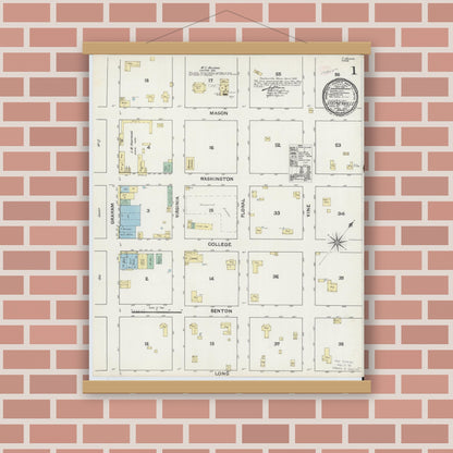 Old map wall art mockup — magnetic wood frame on brick wall — Sanborn Fire Insurance Map from Stephenville, Erath County, Texas (1891), Sheet #0001