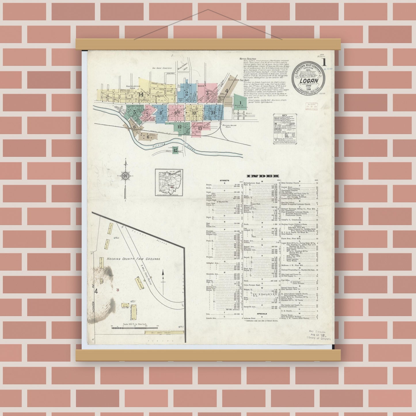 Old map wall art mockup — magnetic wood frame on brick wall — Sanborn Fire Insurance Map from Logan, Hocking County, Ohio (1914) - Complete Map Set